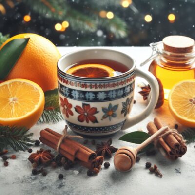 Stanowisko z zimową herbatą z pomarańczą, cytryną imbirem, goździkami